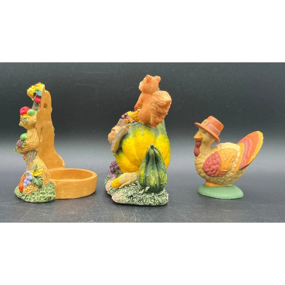 Thanksgiving Fall Decor Set Resin Squirrel Gourd Turkey Shaker Candle Holder
